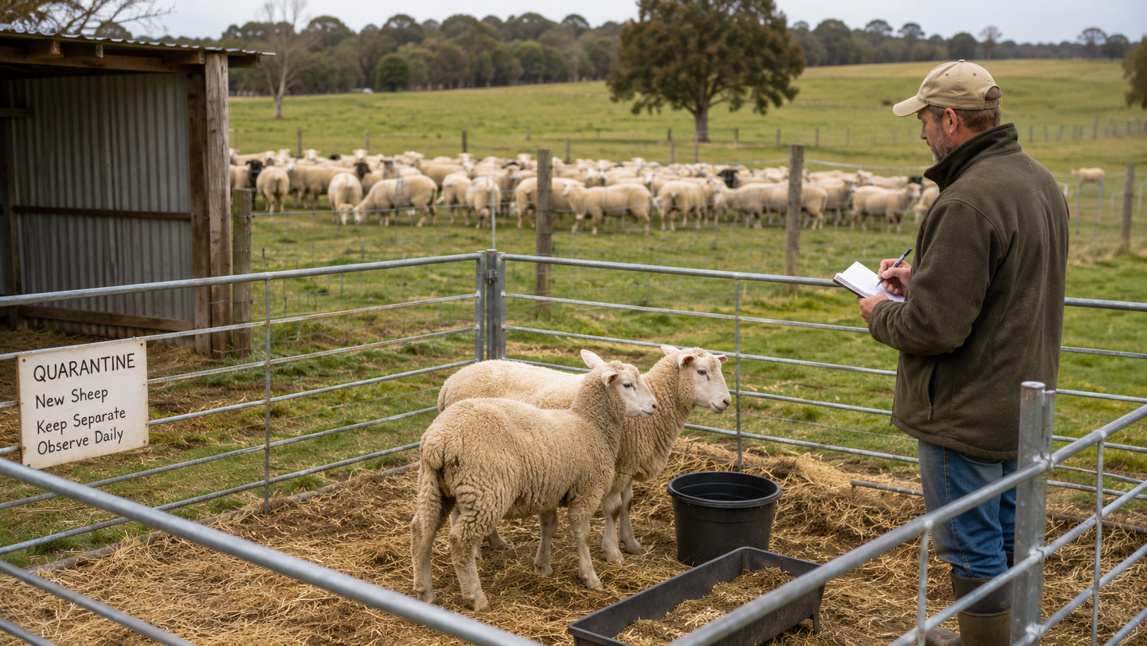 New sheep kept in a separate quarantine pen while the main flock stays in a different pasture