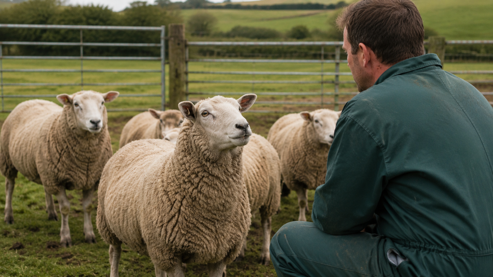 A sheep calmly looking toward a familiar farmer in a pasture