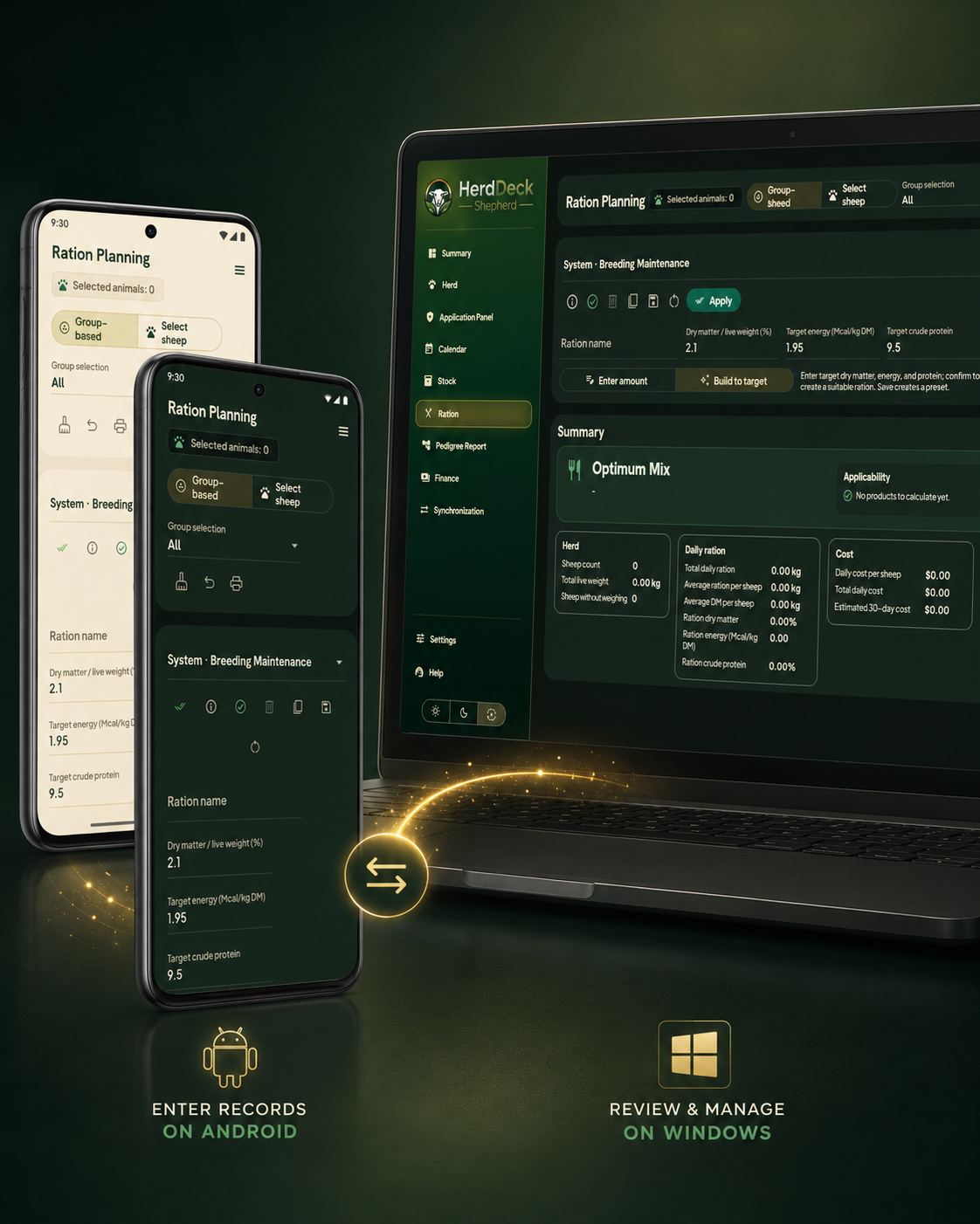 HerdDeck cross-device workflow showing ration planning records entered on Android and reviewed on Windows