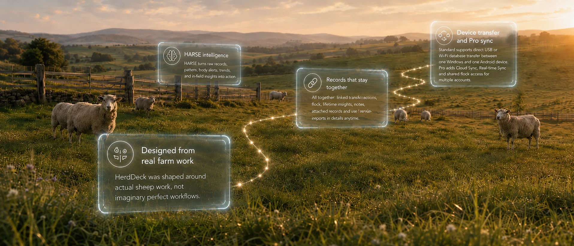 HerdDeck Shepherd decision support visual showing sheep farm records connected through floating insight panels