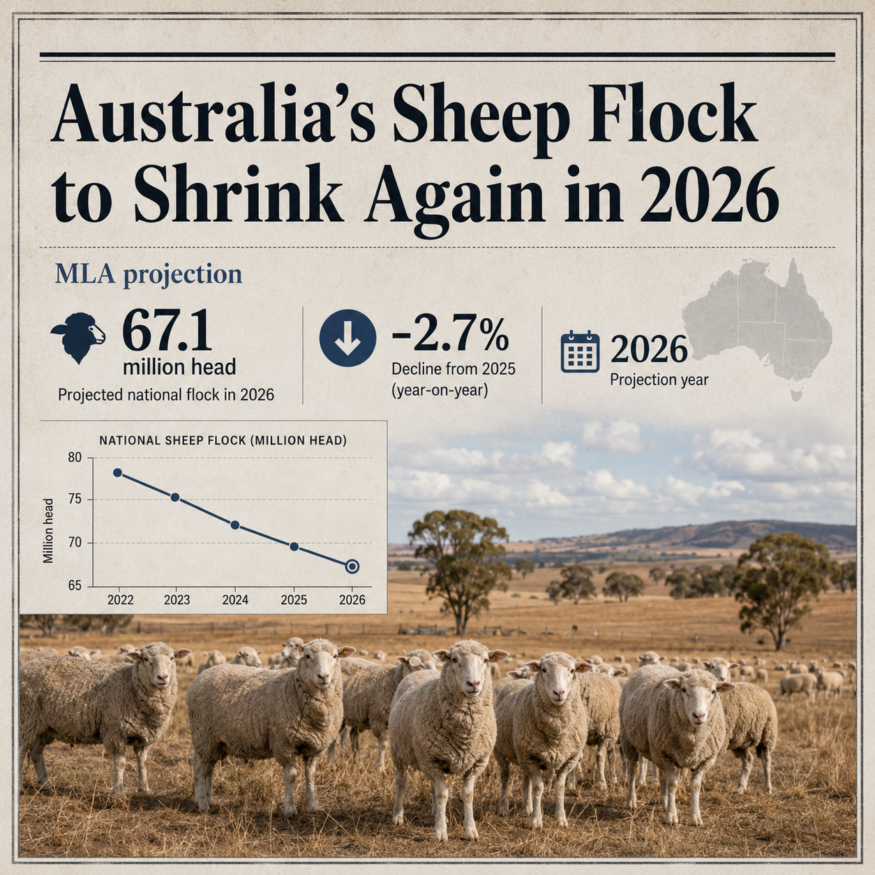 Australia’s Sheep Flock Is Projected to Shrink Again in 2026 social graphic
